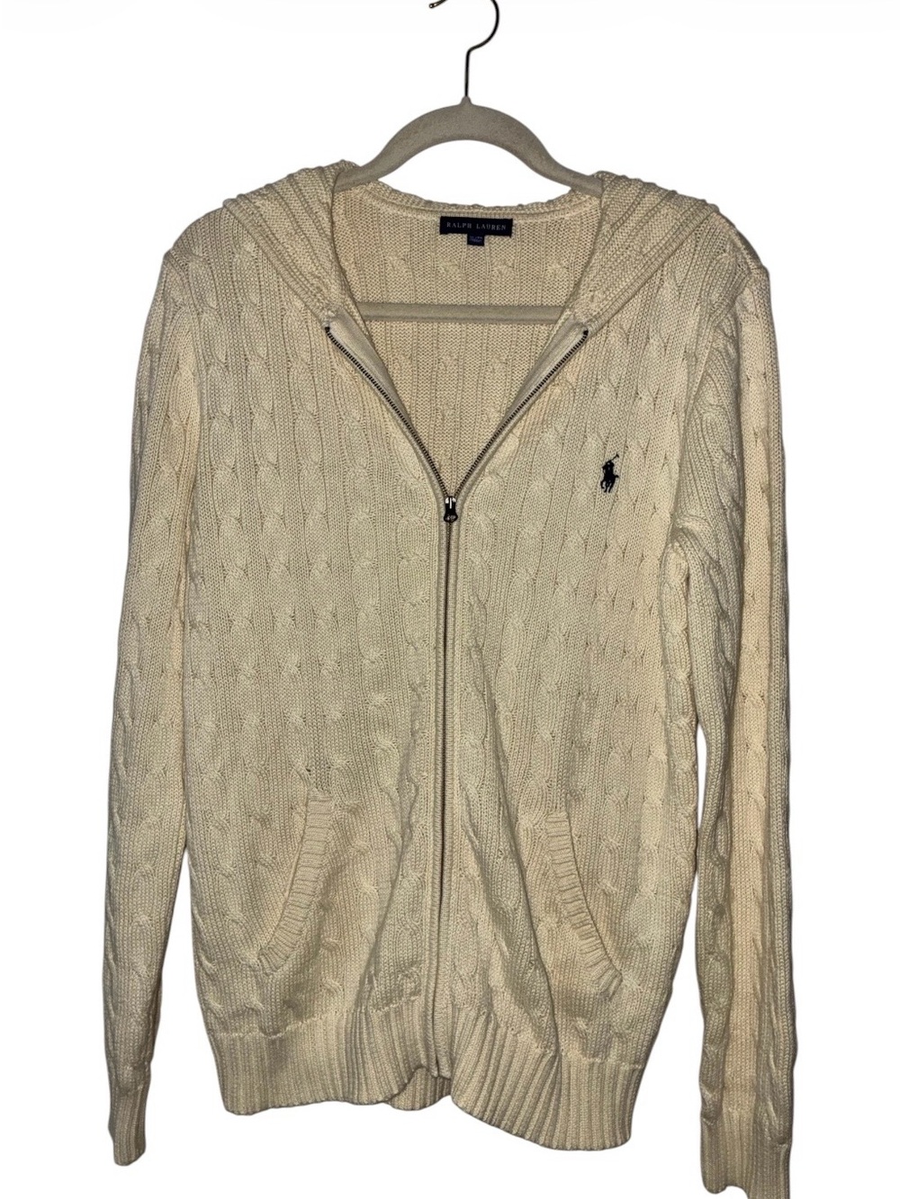Ralph Lauren Ivory 100 % Cotton Cable-Knit Hooded Sweater Sz XL